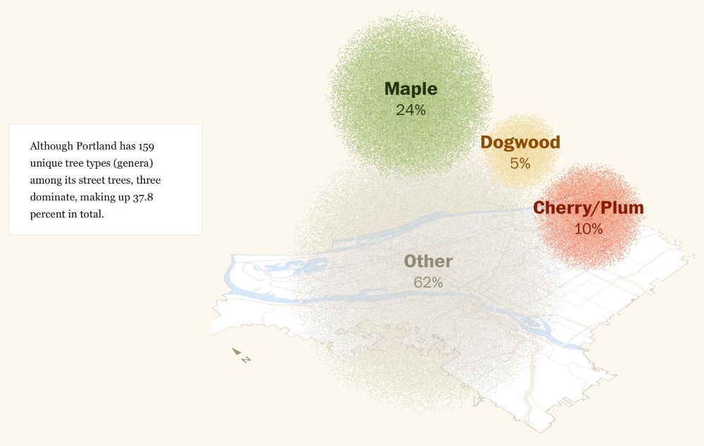 Trees species distribution in Portland, Oregon, shown as a series of proportionally sized fuzzy-edged circles, filled with discrete points. The city has 24% maples, 10% cherries or plums, 5% dogwood, and 62% other species.