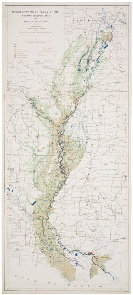 Vintage map of the Mississippi River Flood of 1927. The dark blue Mississippi meanders through the center of the map. Areas colored light green and light tan indicated the extent of the first and second floods, respectively. In some cases, the floodwaters extended 10 or 20 miles from the the river in Missouri, Tennessee, Arkansas, Mississippi, and Louisiana. Red crosses mark relief camps.