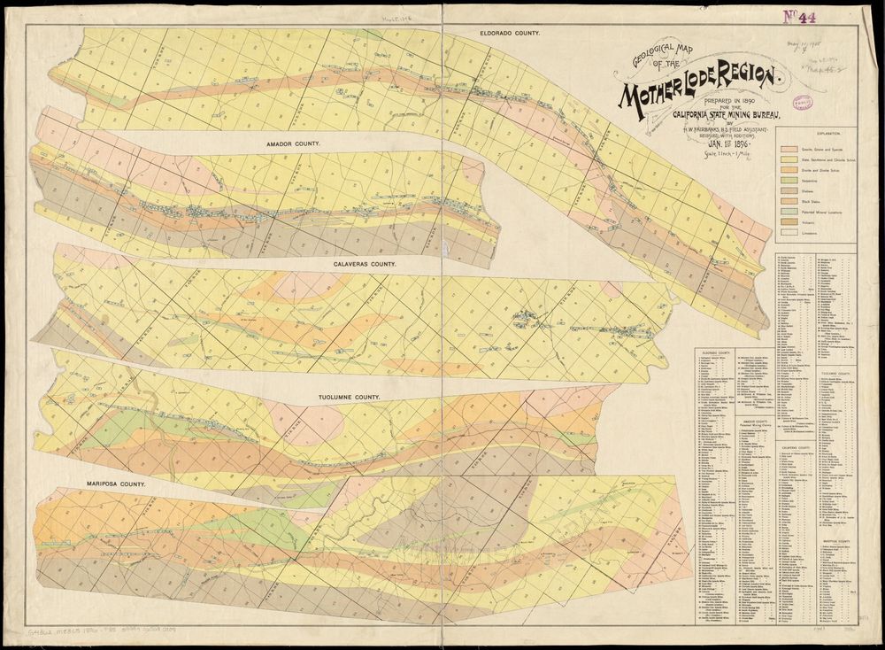 Geological map of the California Mother Lode region with different types of bedrock denoted with pale colors.