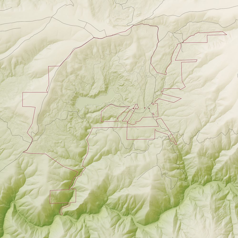 Shaded relief map of Malakoff Diggins State Park, California. Elevation is color-coded from 530 (green) to 1595 (beige) meters. The lowest elevations are in the valley of the South Fork of the Yuba River, which meanders along the bottom of the map. The park itself is in the center of the map, and the steep hillsides eroded by hydraulic mining are highlighted by the shaded relief. Roads and trails appear as thin, dark lines.