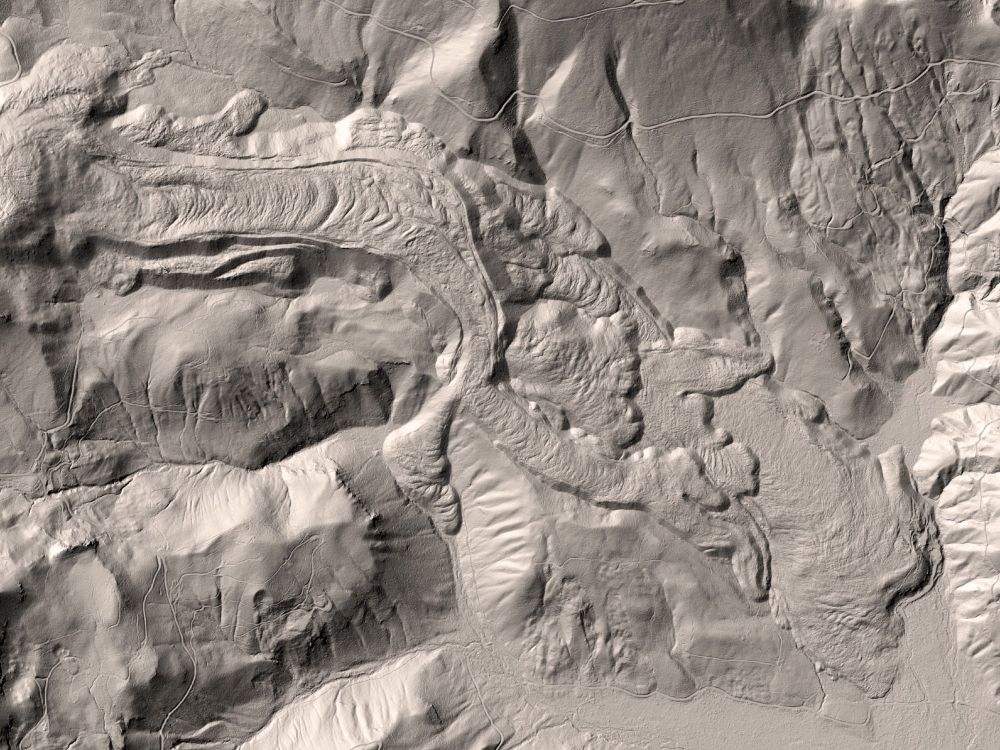 Gray hill shaded map of the Lava Flows from West Crater in Skamania County. The flows are hard to separate from the surrounding landforms. This volcano most recently erupted lava about 8,000 years ago. 

Image by Daniel E. Coe, Washington Geological Survey