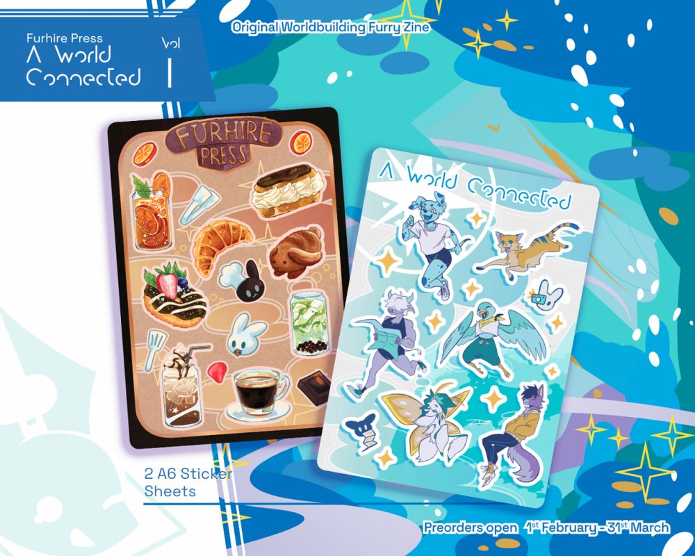 Pick up two sticker sheets with our zine with art from Sev_the_cat and Amiothion.