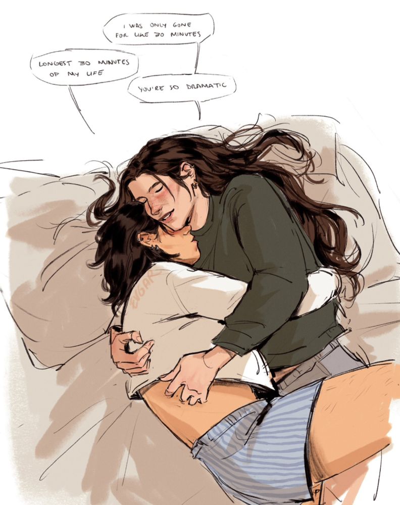 desenho da @evgar_ (twitter) onde as personagens rio e agatha estão agarradinhas em coala na cama. a agatha diz que só saiu por trinta minutos e quando a rio responde que foram os trinta minutos mais longos da vida dela, ela responde que ela é muito dramática. agatha ta com um sueter verde escuro e um short cinza enquanto a rio está com um sueter branco e uma cueca azul listrada.