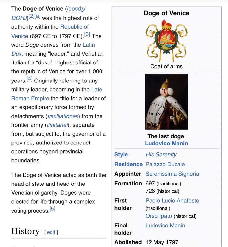 A piece about the dodge of Venice from Wikipedia There is a picture of the last Doge upper right