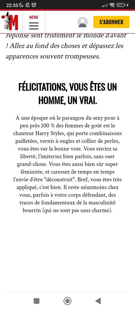 Résultats d'un questionnaire êtes vous un homme ou une femme (journal de droite nul)