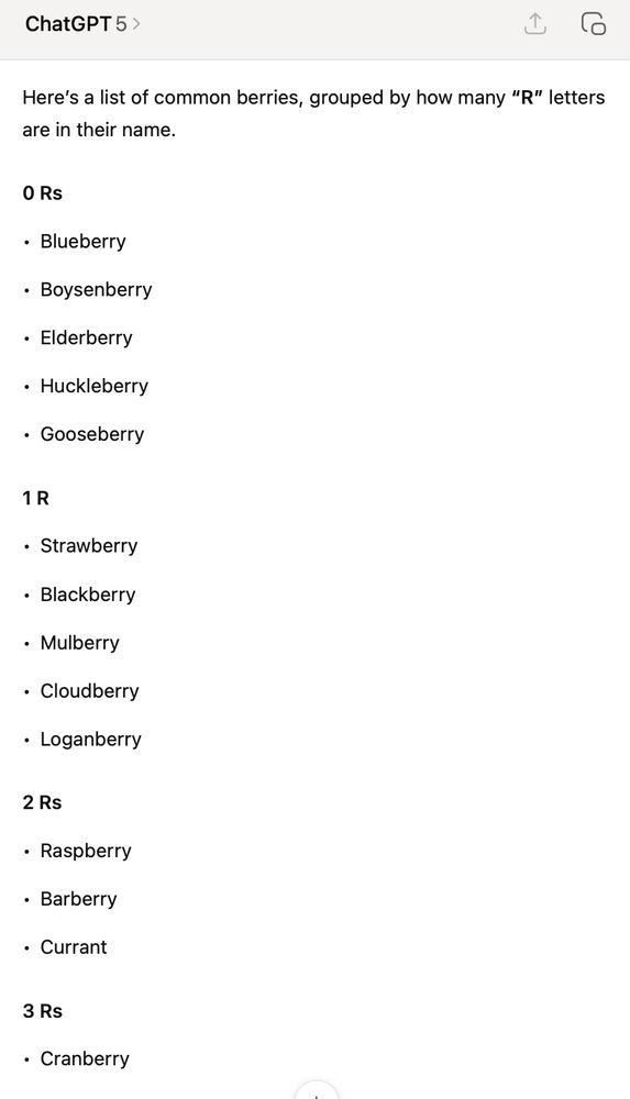 Screenshot of a ChatGPT 5 query asking for a list of berries organized by the number of Rs in their name, and the result that shows mostly incorrect answers.