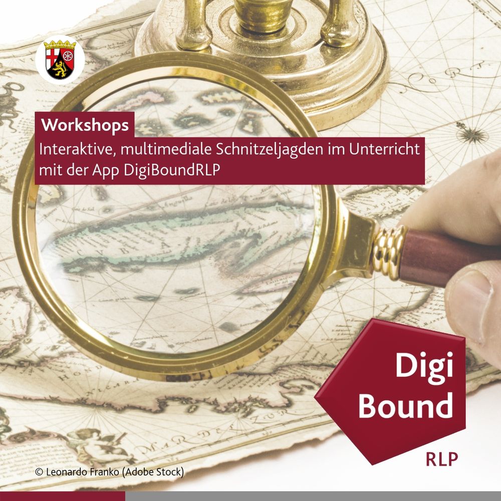 Workshops Interaktive, multimediale Schnitzeljagden im Unterricht mit der App DigiBoundRLP, illustriert mit einer altmodischen Schatzkarte durch eine Lupe
