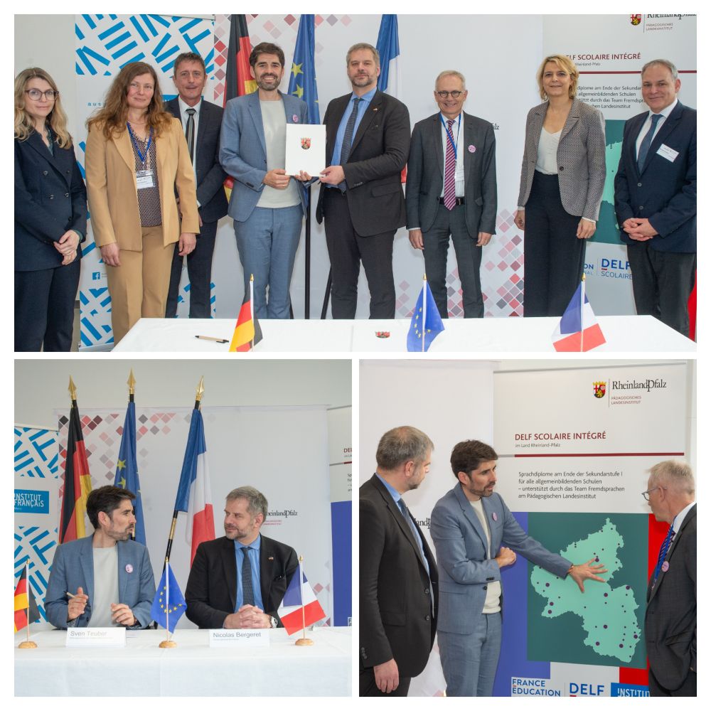 drei Bilder Unterzeichnung sowie eines davon Gruppenbild 8 Personen