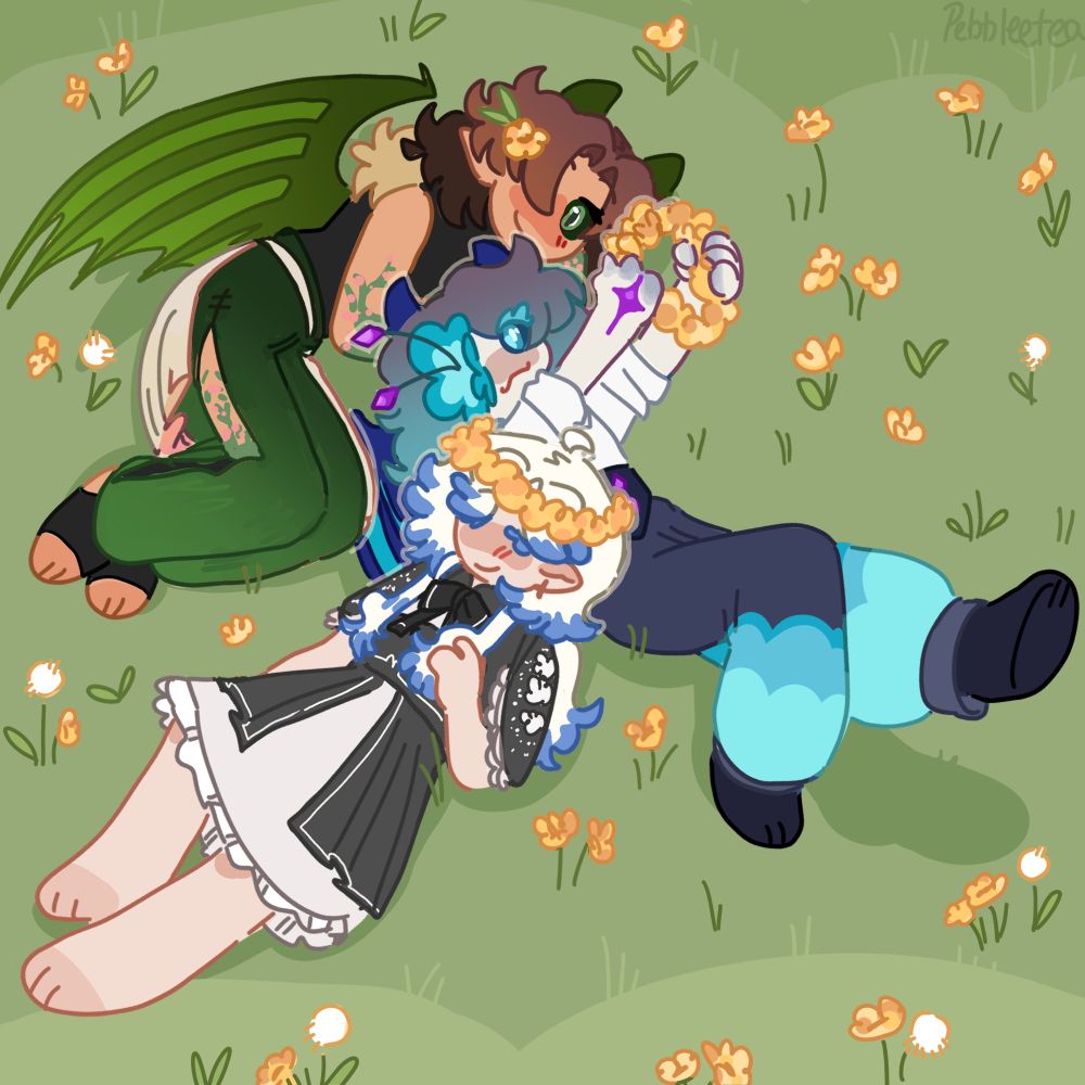 In this image we see Vortex’s OC in the top left, Raibow’s OC in the middle holding a flower crown, and Moon’s OC in the bottom left sleeping. All of this is fanart for the smp we’re in called Altered SMP.