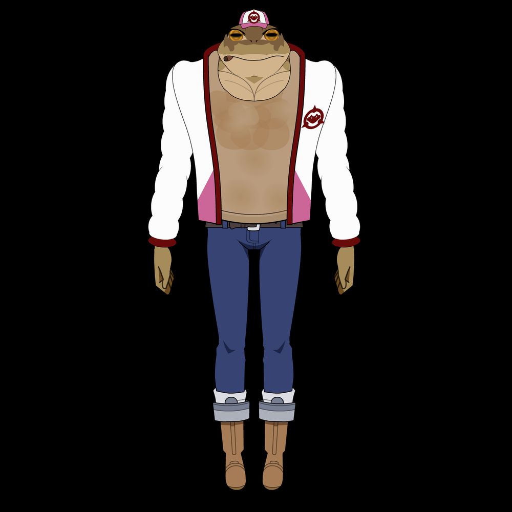 A muscular toad man in a heavily stained previously white tank top. His jacket is red pink and white and has the logo of The Bah'tal Toeds on it. It also has the logo on his hat.
