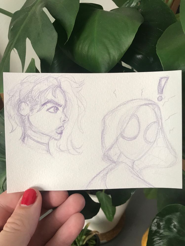 Sketches of Gwen Stacy in purple pencil. Left is profile view of face, right is turning towards the viewer in mask and hood with spidey senses tingling 