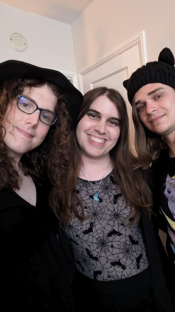 Me and two gfs one dressed like a witch and the other wearing cute Halloween cat clothes