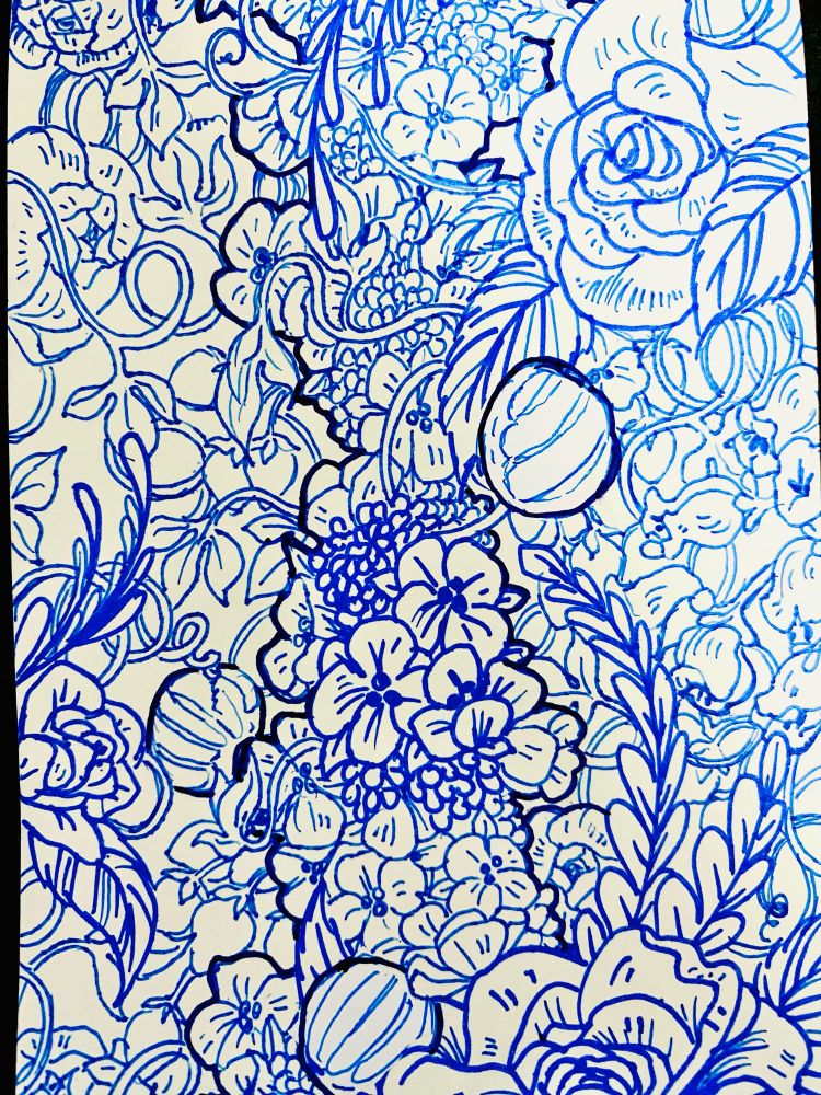 A swirling blue sketched botanical garden with hidden conchas