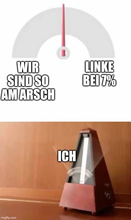Das Metronom meme. Text oben(die beiden Extrema) 1: wir sind so am Arsch und 2: linke bei 7%
Unten ein Bild eines Metronoms, dass wild hin und her schlägt mit der Beschriftung "Ich"