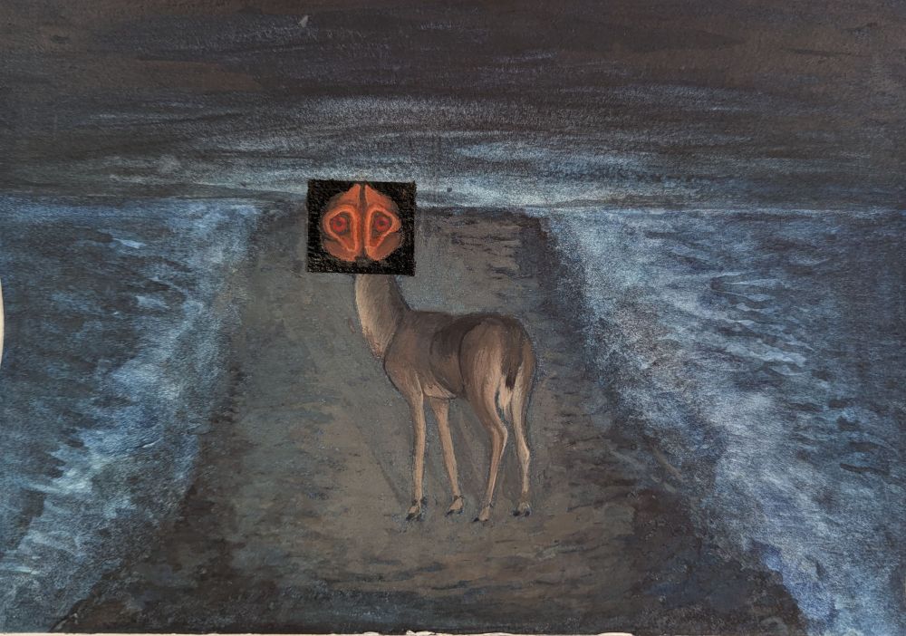 a surreal guache and watercolor painting of a deer paralyzed in the headlights of an incoming car

its head has been blacked out and replaced with an uncanny, bony and organic face with no distinguishable facial features aside from large staring eyes with a subtly sad expression 