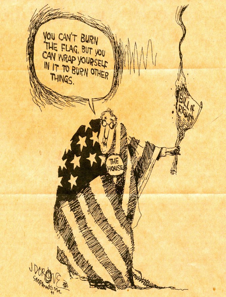 Political cartoon by JD Crowe of the Sacramento Bee from 1995 showing politician wrapping himself in the flag while burning the Bill of Rights.