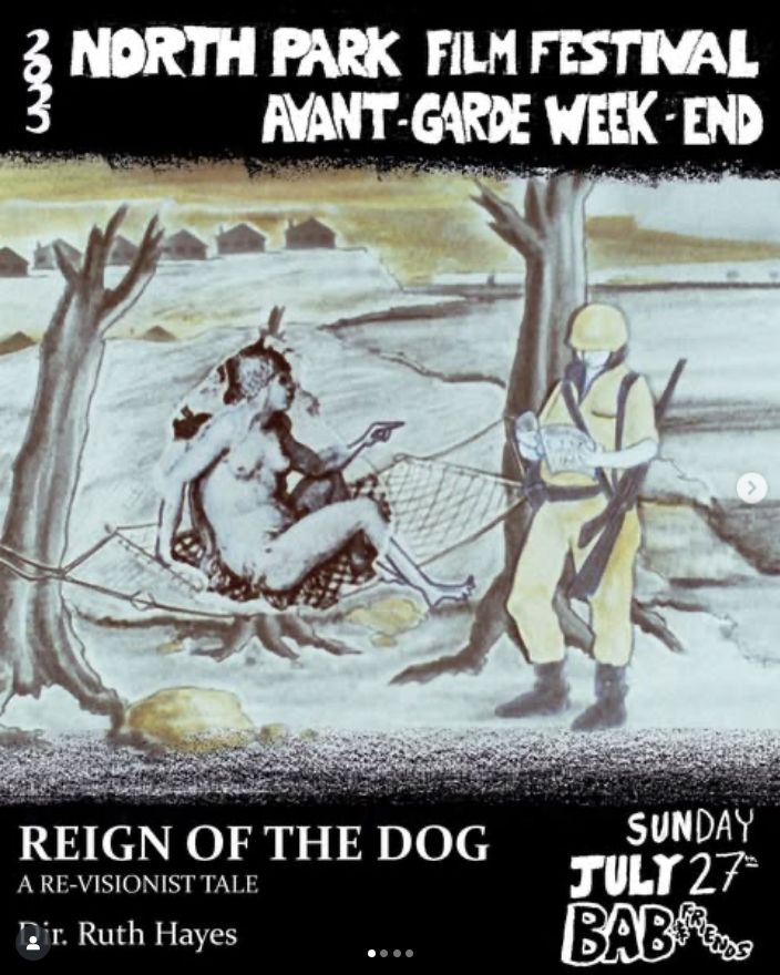 poster advertising North Park Film Festival screening of Reign of the Dog with an imager from the film of an allegorical image of America as a woman confronting a soldier.