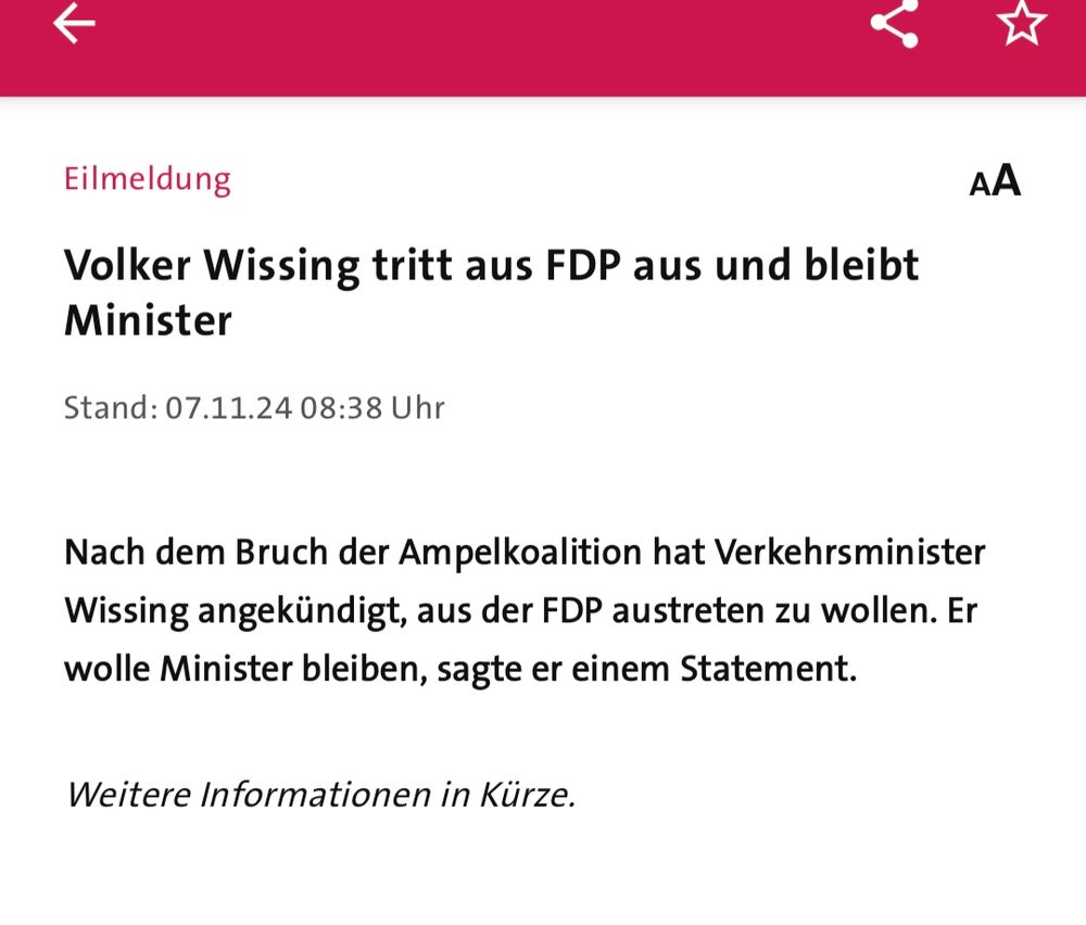 Screenshot einer Tagesschau Eilmeldung. Volker Wissing tritt aus FDP aus und bleibt Minister 