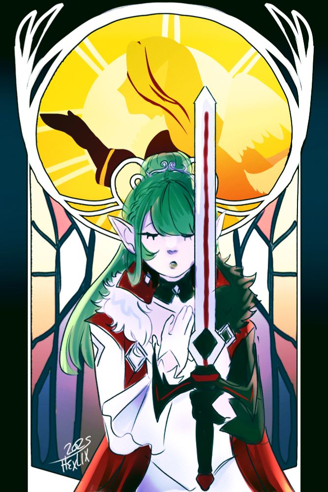 A drawing of Breadsticc's character, Cordelle, in front of a stained glass/art nouveau background with the colors of the setting sun. At the top of it is a circular window with Cordelle's lover, Helios, with the shining sun at his back. Cordelle has her sword lifted as she swears an oath. She has green hair, and a black+white+red motif with royal clothes. Diamonds dot her outfit. 