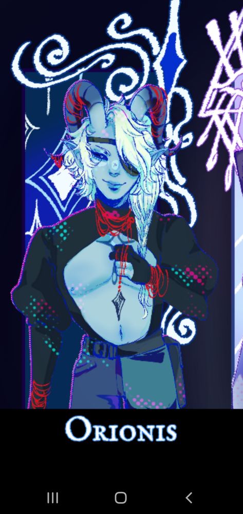 A cel shaded drawing of Op's oc Orionis smirking at the viewer and holding his casting focus.