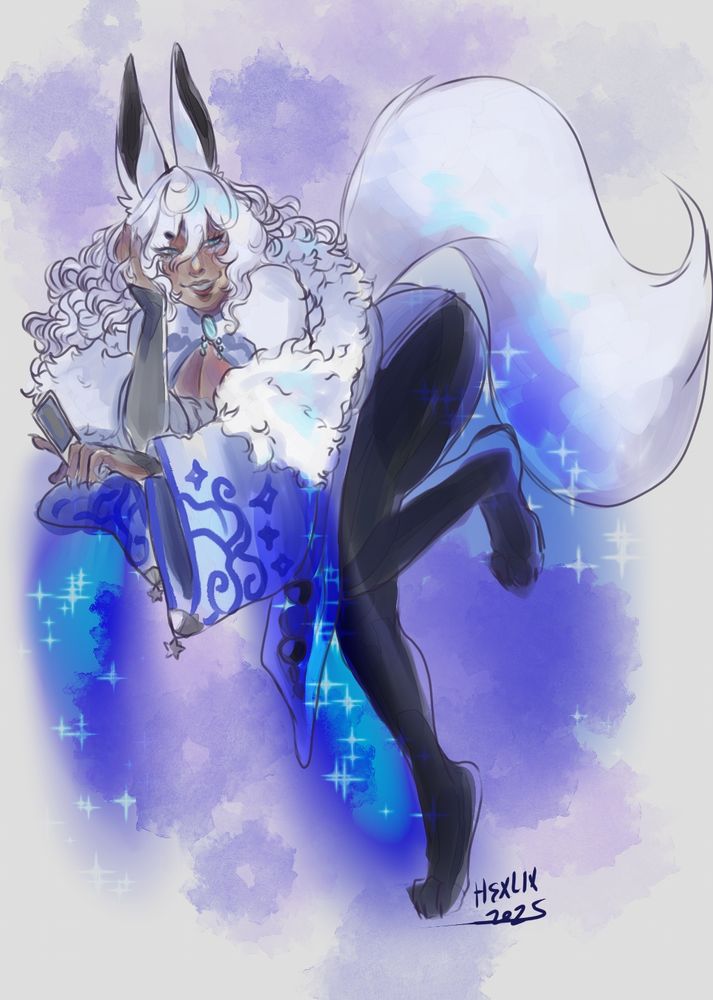 A drawing of Jokul, a kitsune character with a singular tail and a startouched kimono. They are leaned over in a mischievous pose, as though leaning on a table, looking at hte viewer playfully. They have their head resting in their cheek. 