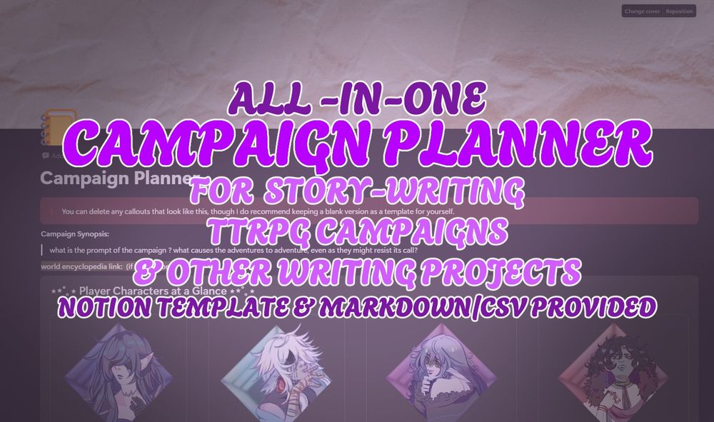 An advertisement with the listing: "All-In-One Campaign Planner for story-writing, ttrpg campaigns, and other writing projects. Notion Template & Markdown/CSV provided"