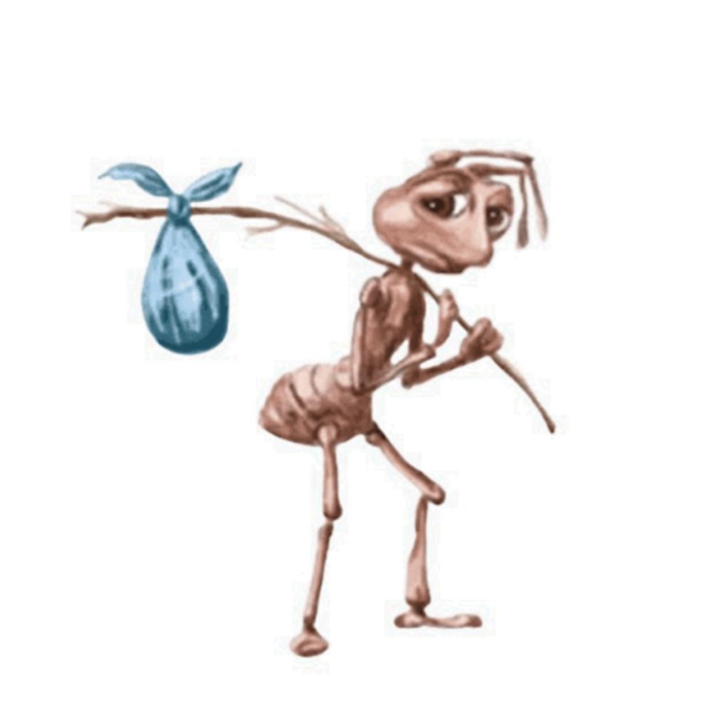 an ant is carrying a blue bag on its back