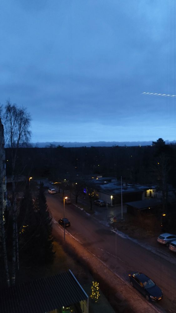A view of a small town in Finland. The sun is barely rising at 9 AM