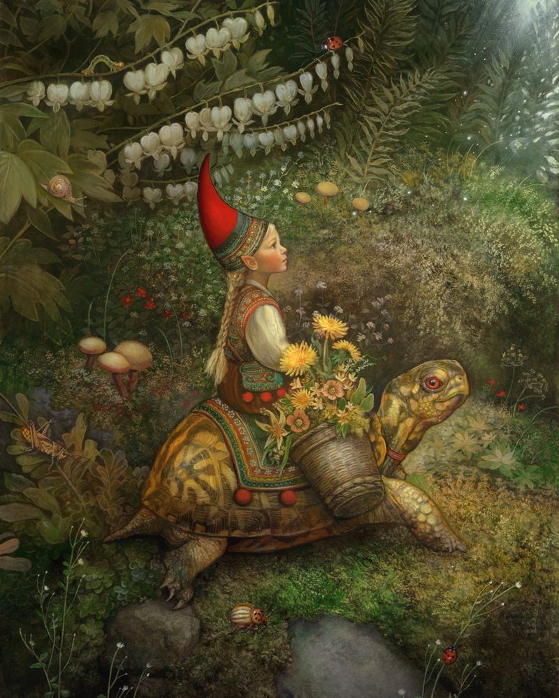 An oil painting of a girl riding on a box turtle
