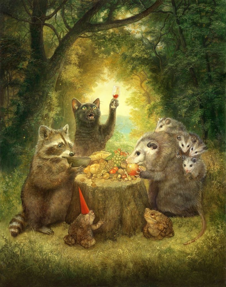 A group of animals, including a raccoon, black cat, opossum, and a pair of toads, enjoys a summertime feast together.