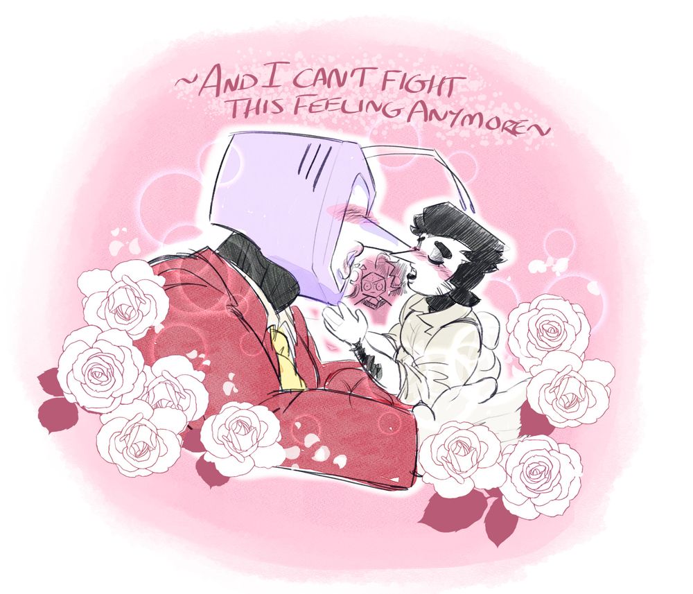Drawing of Tenna and Spamton (Big Shot Era) about to have a big nasty open mouth kiss as the staff watch in shock. They're in a romantic pink background surrounded by roses and halo circle lights. The first line of the chorus to REO Speedwagon's "Can't Fight This Feeling" are written at the top ("~And I can't fight this feeling anymore~").