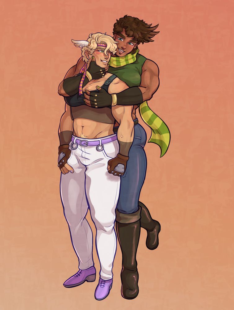 Illustration with CaeJose isolated from the main piece. Joseph stands behind Caesar smiling and holding his face to force him to smile. Caesar is clenching his fist by his side.