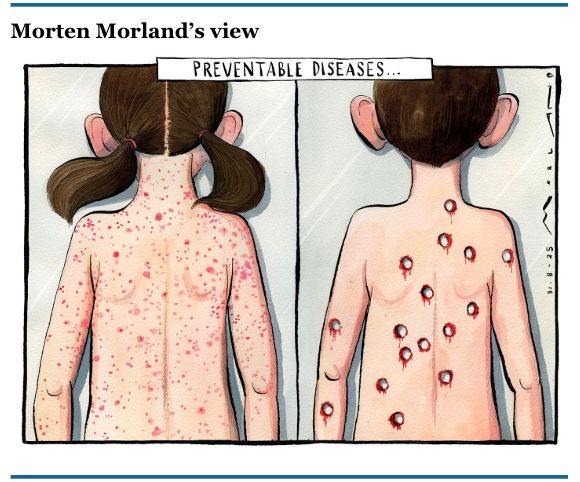 Cartoon illustration by Morten Morland titled “Preventable diseases.” On the left, the back of a young girl with pigtails is shown covered in red measles-like spots. On the right, the back of a young boy is depicted with multiple bloody bullet holes. The image contrasts infectious disease with gun violence, both framed as preventable harms to children. 