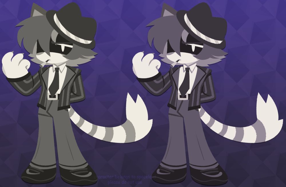 a character design featuring an anthropomorphic cat wearing a suit and hat, in two variations of a black and white color palette