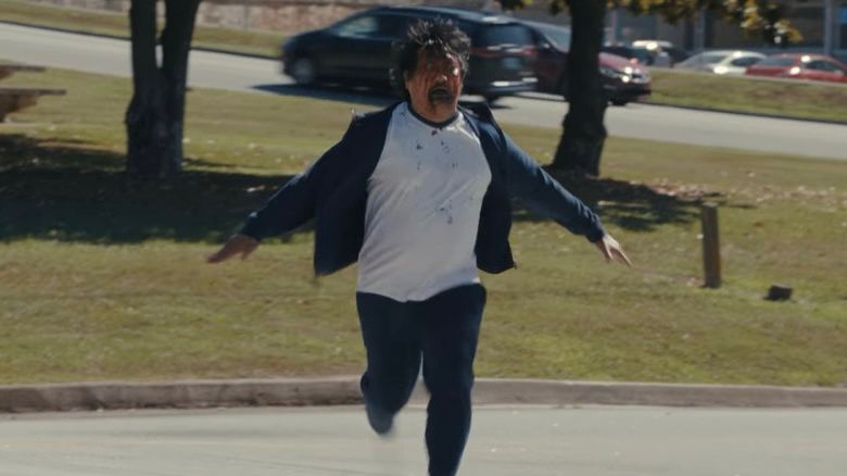 benedict wong in weapons, an asian man naruto running while bleeding from the mouth and eyes