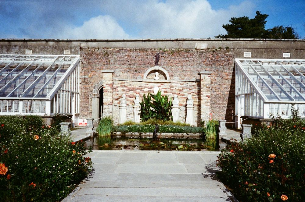 Rose garden and greenhouses along the back wall of Powerscourt Estate, Ireland