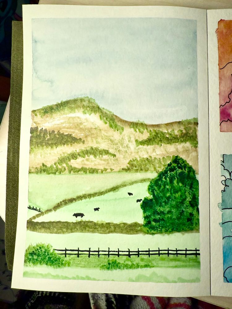 A painting of a mountain and pasture
