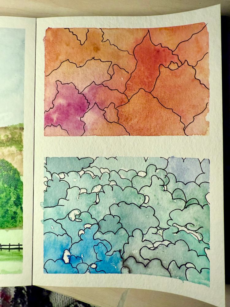 Two abstract watercolours - orange & fiery and blue & cloudy  
