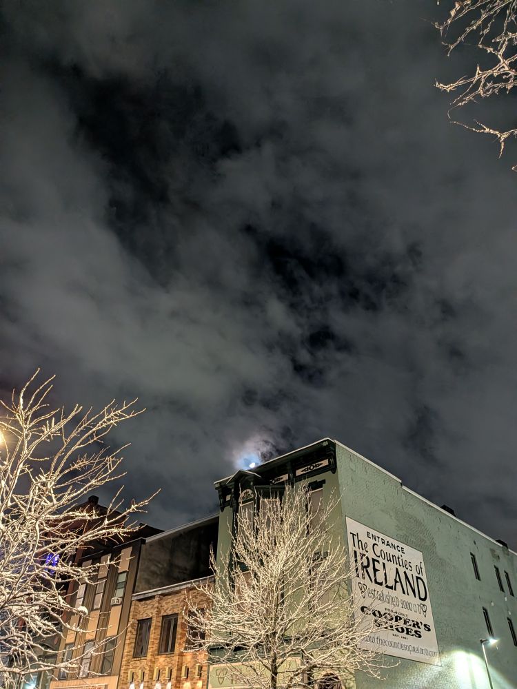 a half moon sits stop an older bldg, hides behind clouds and faces... snow clad leafless trees 
street at night