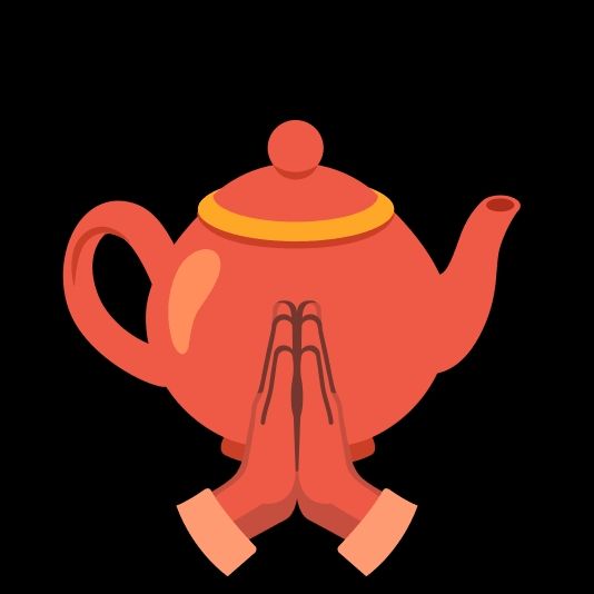 praying hands in front of a tea pot