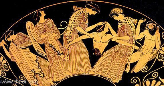 Attic red figure vase of maenads (drunk worshippers of Dionysus) tearing Pentheus, King of Thebes, apart