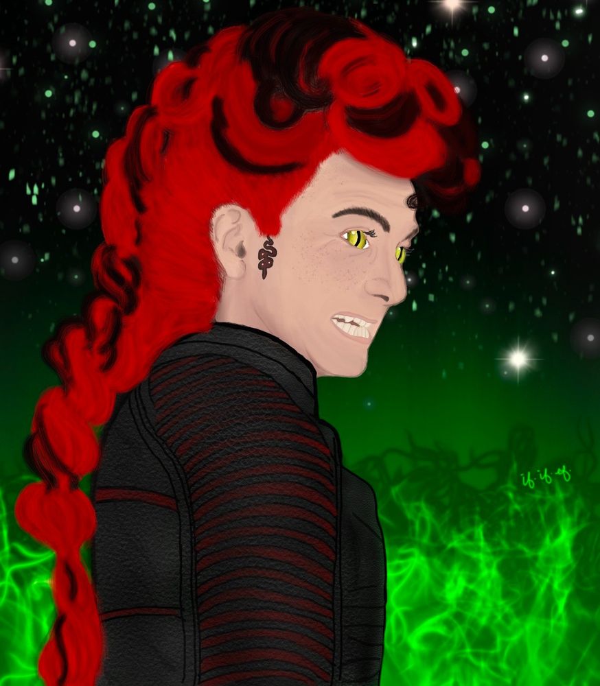 Crowley from Good Omens with War hairstyle. Green Hell flames and lightning. 