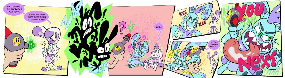 A sequence illustration of my rabbit OC, Zenith, undergoing a type of cartoon transformation called Gremlinization, but instead of being turned into a hyperactive, chaotic gremlin version of himself, he is instead cloned, and that clone is the more monstrous gremlin version called Munch. 

It starts with Spec confronted with someone (who is off screen) pointing a "Gremlinization Raygun" at him while Spec pleads "Hold on Mac! I’m already a Full Toon. You Don’t know what that thing could unleash!" He is hit with the ray and spits between himself and wilder looking green rabbit. The shooter is confused with the results. The green rabbit Munch looks at him with devilish intent. He bites the person as he grabs for the gremlin gun. Spec quietly leaves the scenes while addressing the person "I tried to warn yeah mac." Munch then jumps in front of where the audience's screen would be and licking while wild abandon. He points a charging raygun at the viewer, saying "YOU NEXT".

The concept of Gremlinization was created by Ignri on Furaffinity.