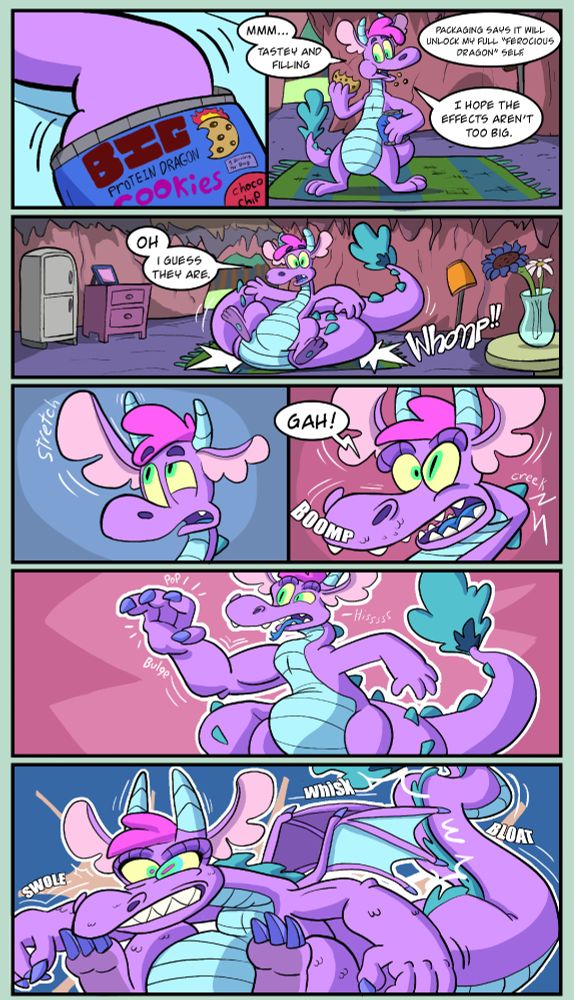 Page 1
A comic featuring my dragon fursona Zenith. After eating a magic protein cookie, Zenith transforms from a "Pear-shaped" dragon to a giant full-fledged "Fire-breathing" dragon (with some minor inconveniences like outgrowing his cave). Drawn with a lightly comedic cartoon style and tone.