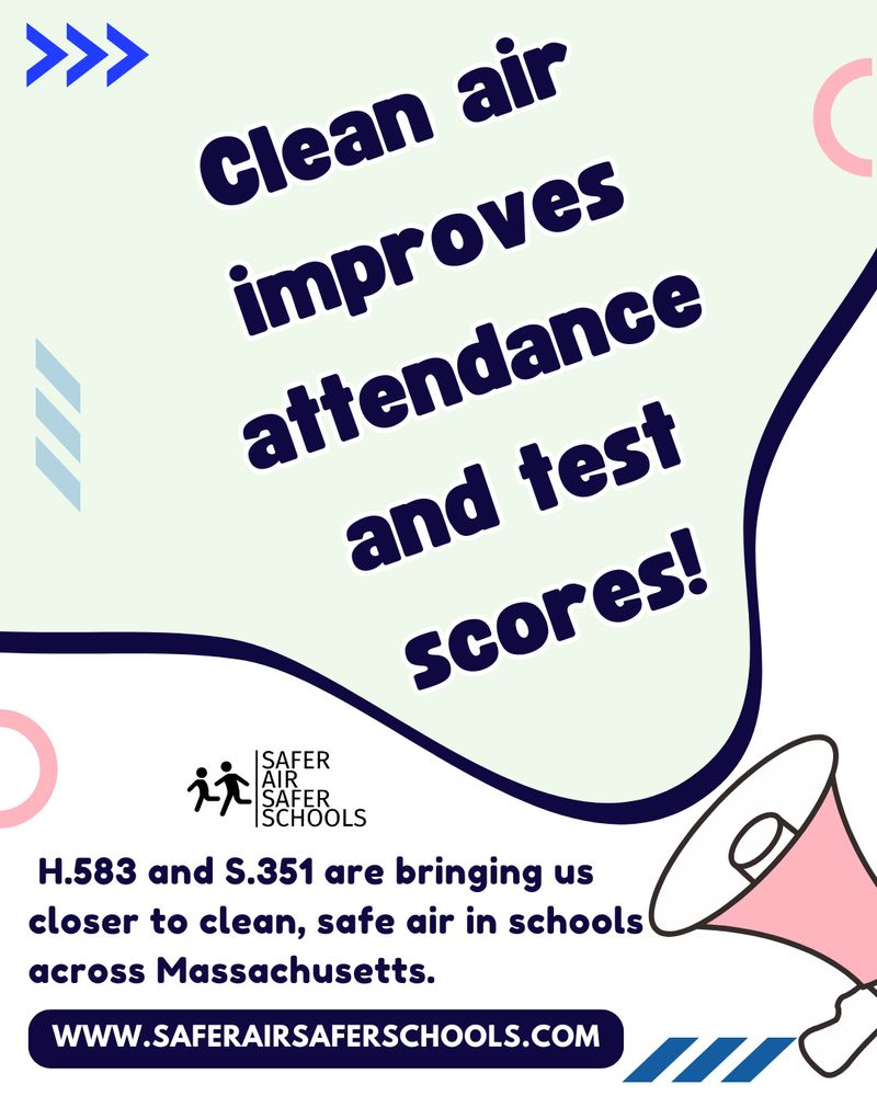 Picture of pink megaphone with the heading words “clean air improves test scores” coming out of it.