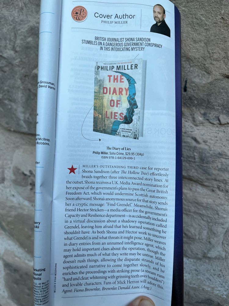 Picture of page from Publishers Weekly showing review of The Diary of Lies by Philip Miller which it describes as an ‘intoxicating mystery’. 
