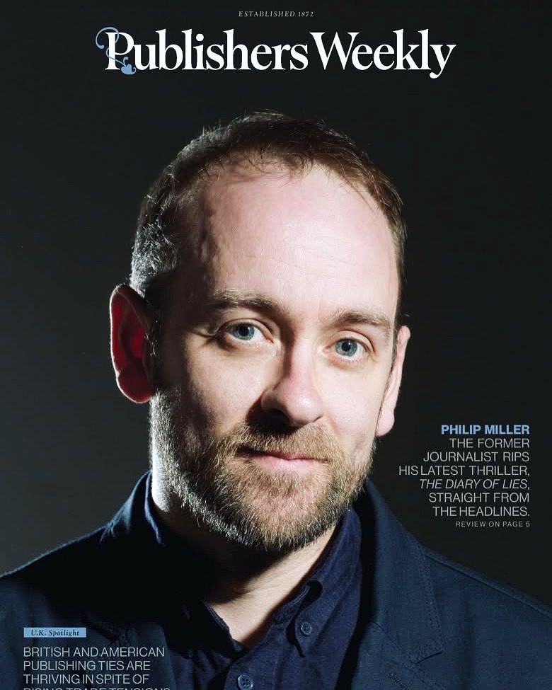 Bearded middle aged writer Phil Miller on cover of Publishers Weekly with new novel The Diary of Lies 