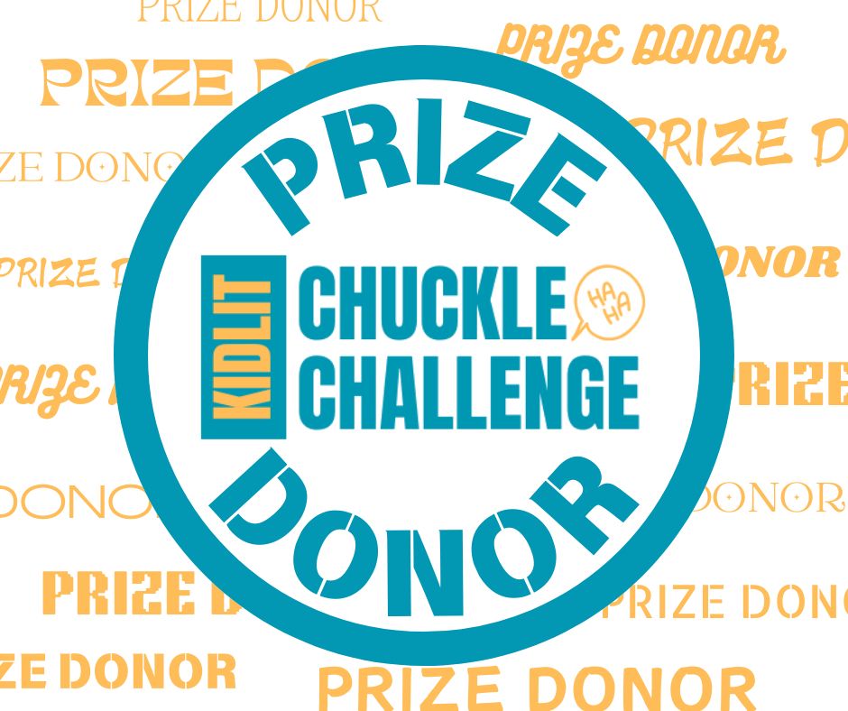Prize Donor Badge. A blue circle with the words "Kidlit Chuckle Challenge, Prize Donor" in front of a white background with the yellow words "Prize Donor" in different fonts repeated to fill the page. 