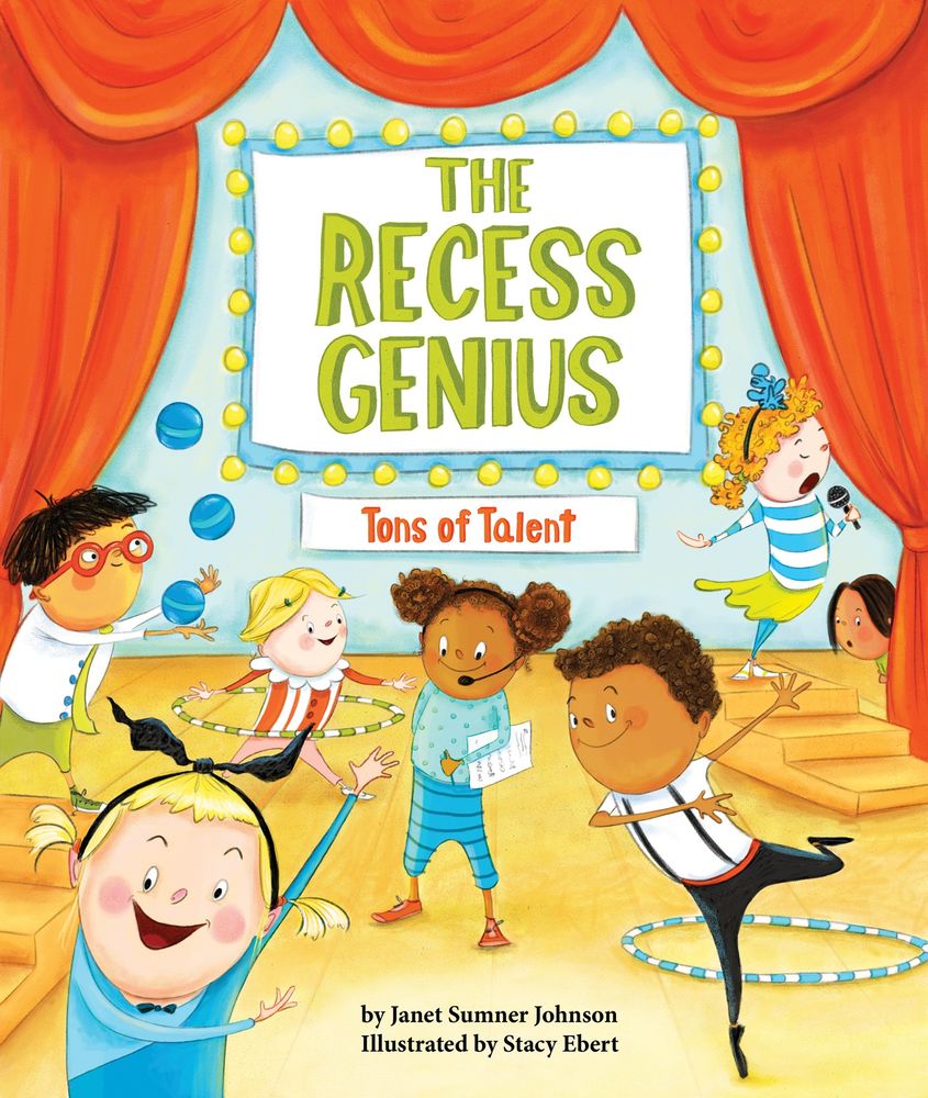 Book Cover for The Recess Genius 2: Tons of Talent. Several kids stand on a stage with orange curtains. One dark-skinned boy juggles balls, One light-skinned girl uses a hula-hoop, one dark-skinned girl in blue clothes wears a headset and carries a planner, one red-haired, light-skinned girl is singing, one dark-skinned boy is doing ballet, one brown-haired girl pokes her head around the curtains, and the recess genius, Regina Grey, with blond hair and a black hair ribbon, stands at the front, arms extended as though presenting the spectacle. 
