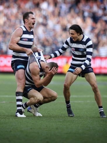 Geelong’s Joel Selwood reacts to kicking a goal in the final minutes of his final AFL game in the 2022 Grand Final against Sydney